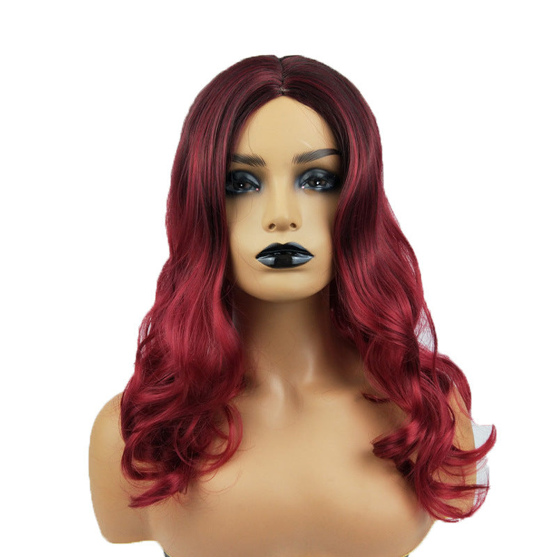 Wig Female Burgundy Long Curly Hair Big Wavy Gradient Color