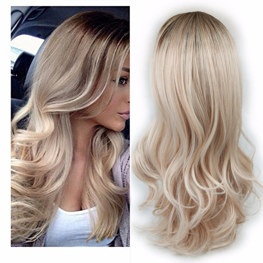 Women Blonde Ombre Hair Black Root Long Curly Wigs