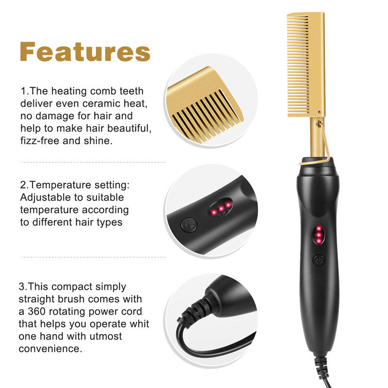 Hot Comb, Electric Heating Comb, Professional High Heat Ceramic Hair Press Comb, Multifunctional Copper Hair Straightener For American African Hair